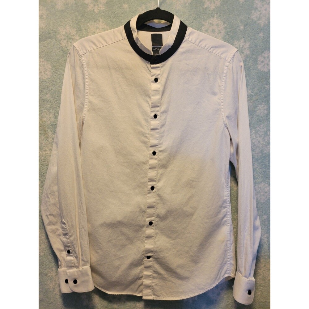 H&M Men’s Small White Solid Long Sleeve Black Waiter Band Collar Slim Fit Shirt